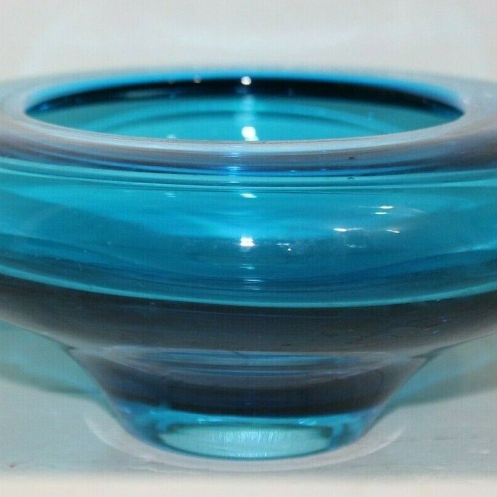 Vintage Blue Art Glass Bowl Polished Smooth Bottom 3" Tall by 7" Wide Beautiful